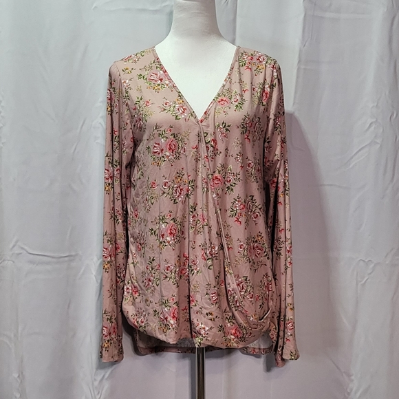 Doublju Women's Pink NWT High-Low Long Sleeve Floral V-Neck Top Size Large - Picture 5 of 11